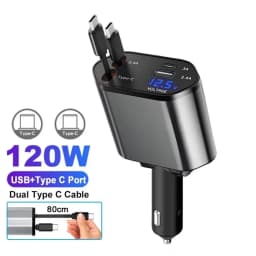 120W Car Charger with Roof Starlight Fast Charging Retractable Cable & 2 Charging Ports Voltage Phone Charger For IOS Android