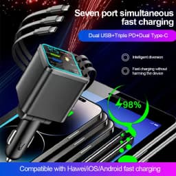 120W Car Charger with Roof Starlight Fast Charging Retractable Cable & 2 Charging Ports Voltage Phone Charger For IOS Android