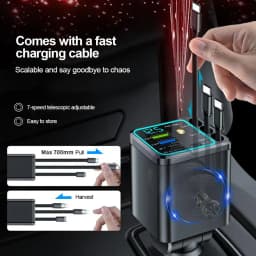 120W Car Charger with Roof Starlight Fast Charging Retractable Cable & 2 Charging Ports Voltage Phone Charger For IOS Android