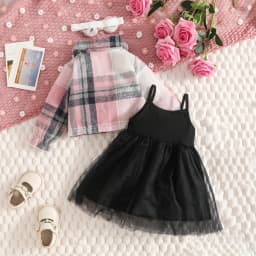 Children Baby Girls Clothes Fashion Lapel Pink Plaid Jacket+Black Mesh Dress For Girls Kids Dress Set 3pcs Baby Girl Outfit Sets