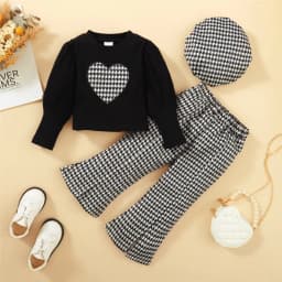 1-6Year Little Girl Clothes Set Kids Korean Style Set Love Heart Print Long Sleeve Top+Plaid Pants with Hat Fashion 3PCS Outfits