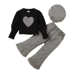 1-6Year Little Girl Clothes Set Kids Korean Style Set Love Heart Print Long Sleeve Top+Plaid Pants with Hat Fashion 3PCS Outfits