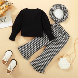 1-6Year Little Girl Clothes Set Kids Korean Style Set Love Heart Print Long Sleeve Top+Plaid Pants with Hat Fashion 3PCS Outfits