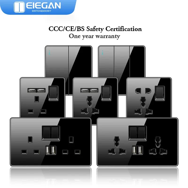 ELEGAN UK Socket Black 16A/20A/45A Full Glass Wall Switch USB type-c Tempered Crystal Panel Electrical Outlet Home Improvement
