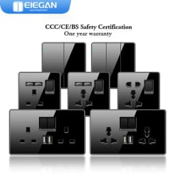 ELEGAN UK Socket Black 16A/20A/45A Full Glass Wall Switch USB type-c Tempered Crystal Panel Electrical Outlet Home Improvement