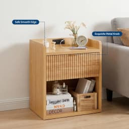 Set Of 2 Fluted Nightstands With Charging Station, 22.83in Wood Bedside Tables With Drawer & Shelf, Oak End Tables Bedroom
