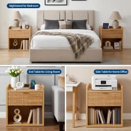 Set Of 2 Fluted Nightstands With Charging Station, 22.83in Wood Bedside Tables With Drawer & Shelf, Oak End Tables Bedroom