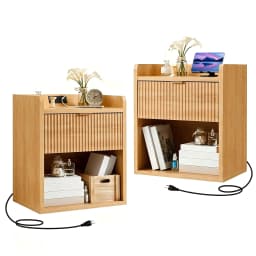 Set Of 2 Fluted Nightstands With Charging Station, 22.83in Wood Bedside Tables With Drawer & Shelf, Oak End Tables Bedroom