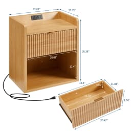 Set Of 2 Fluted Nightstands With Charging Station, 22.83in Wood Bedside Tables With Drawer & Shelf, Oak End Tables Bedroom