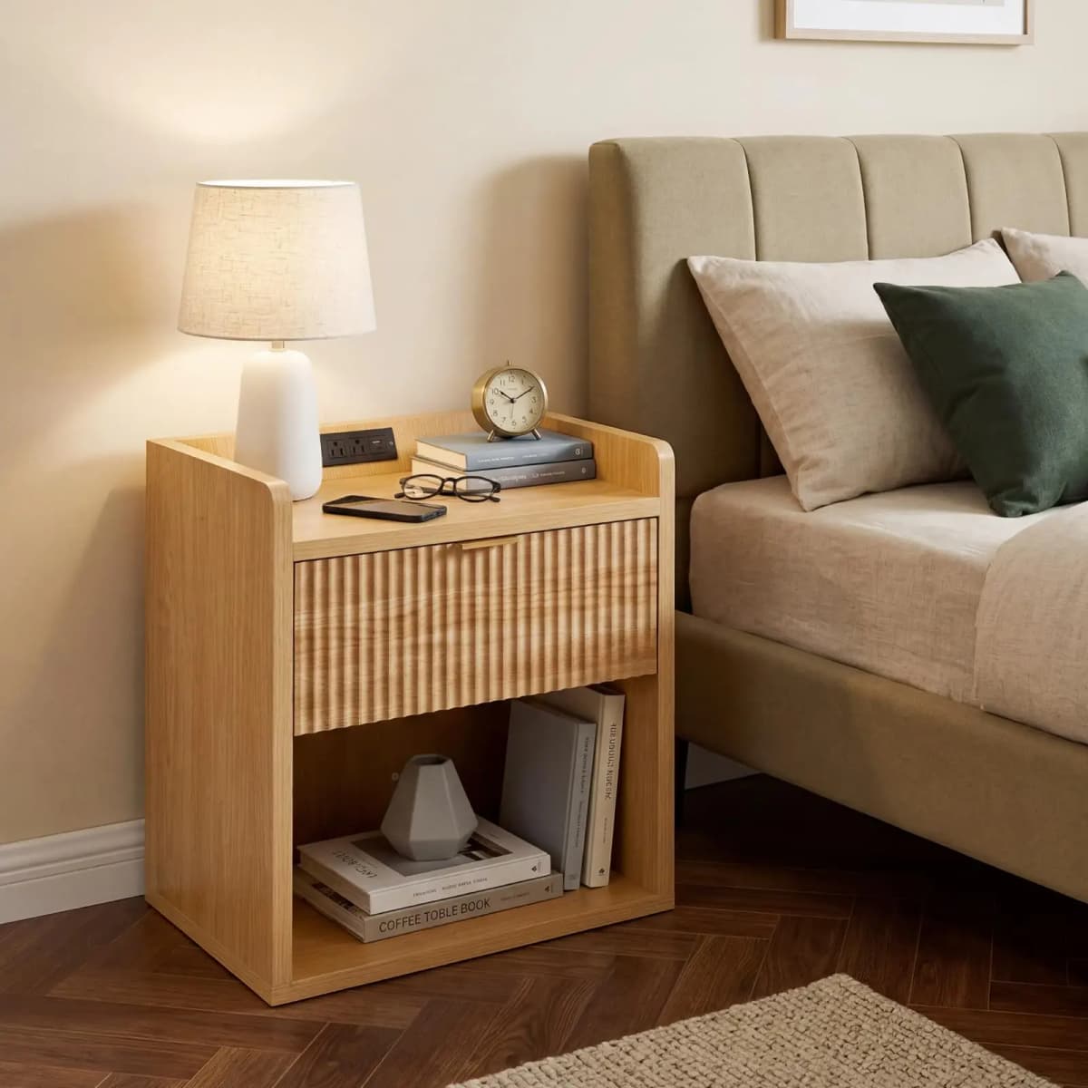Set Of 2 Fluted Nightstands With Charging Station, 22.83in Wood Bedside Tables With Drawer & Shelf, Oak End Tables Bedroom