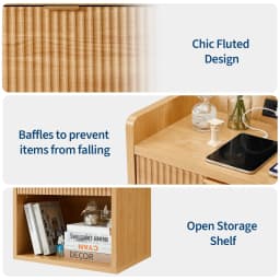 Set Of 2 Fluted Nightstands With Charging Station, 22.83in Wood Bedside Tables With Drawer & Shelf, Oak End Tables Bedroom