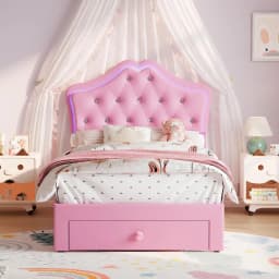 Twin XL Velvet Upholstered Platform Bed Frame With LED Headboard, Crystal Button Tufting, Storage Drawer, Noise Free, No Box Spring