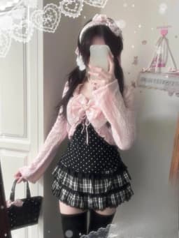 Y2k Japan Style Kawaii 3 Piece Skirt Sets Women 2000s Harajuku Vintage Sweet Suits Lolita Lace Bow Long Sleeve Matching Set Chic
