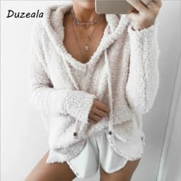 Customizable Autumn Top Women Casual Mohair Hooded Pullovers V Neck Fleece Sweater Fashion Sweet Loose Warm Winter Tops Pullover