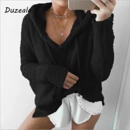 Customizable Autumn Top Women Casual Mohair Hooded Pullovers V Neck Fleece Sweater Fashion Sweet Loose Warm Winter Tops Pullover