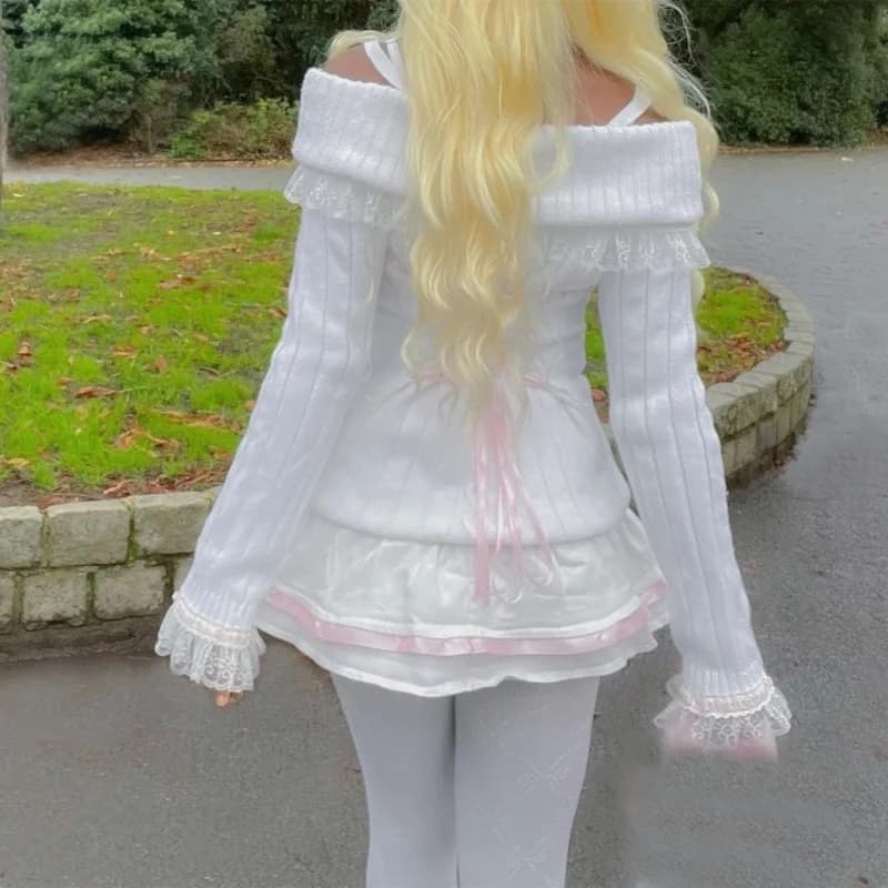 Y2k Off The Shoulder Sweater for Women Lolita Cute Bow Front Lace Trim Knit Pullover Kawaii Long Sleeve Jumper Tops
