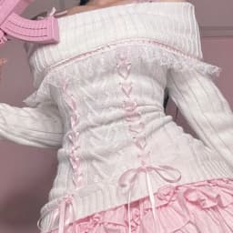 Y2k Off The Shoulder Sweater for Women Lolita Cute Bow Front Lace Trim Knit Pullover Kawaii Long Sleeve Jumper Tops