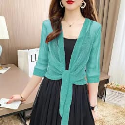 Women's Sparkling Lace-Up Cardigan Summer Sheer Cover Up Lightweight Loose Blouse Half Sleeve Beachwear Casual Glitter Jacket