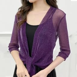 Women's Sparkling Lace-Up Cardigan Summer Sheer Cover Up Lightweight Loose Blouse Half Sleeve Beachwear Casual Glitter Jacket