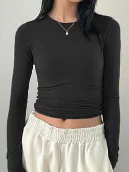 Women Casual Slim Fit Long Sleeve O-Neck T-shirts Tops Spring Fall Solid Color Tees with Thumb Holes Streetwear