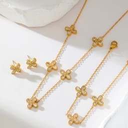 GANEMLY 316L Stainless Steel Flower Zirconia Bracelet Necklace Earrings Set Charm Metal Texture 18K Gold Plated Jewelry Women