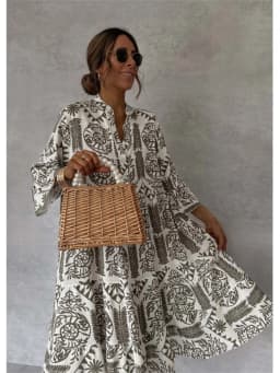 Casual Bohemian Style Print Dresses Women Fashion V-neck Loose Slit Beach Vacation Dress Spring Summer Beachwear Vestidos Female