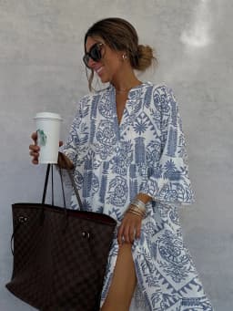 Casual Bohemian Style Print Dresses Women Fashion V-neck Loose Slit Beach Vacation Dress Spring Summer Beachwear Vestidos Female
