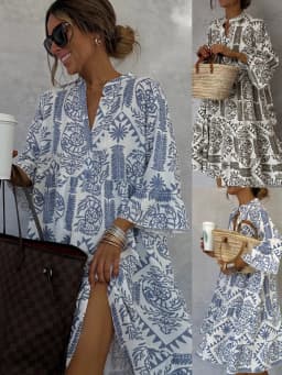 Casual Bohemian Style Print Dresses Women Fashion V-neck Loose Slit Beach Vacation Dress Spring Summer Beachwear Vestidos Female