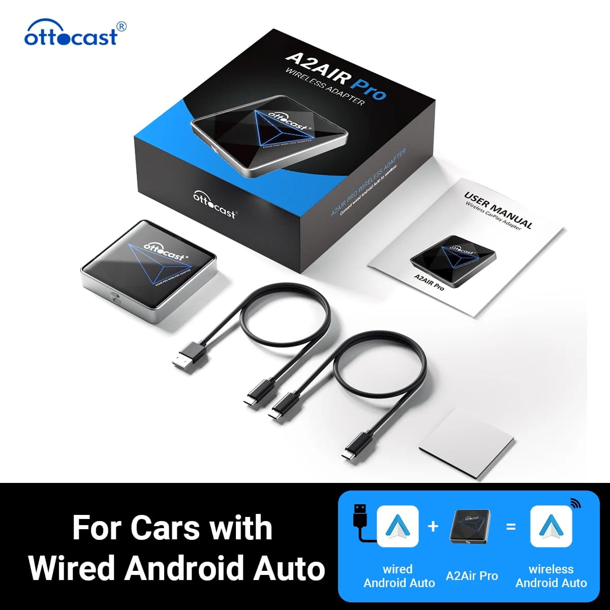 Ottocast A2Air Pro Wireless Android Auto Adapter Dongle Spotify Waze Multimedia for factory wired Adnroid Auto Car