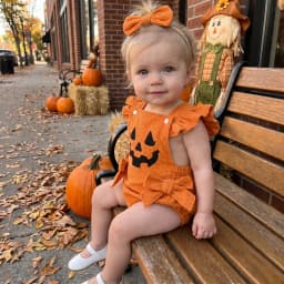 Baby Girl Halloween Bodysuits Outfit Devil Face Pattern Bows Ribbed Flying Sleeve Corduroy Romper Bow Headband 2 Pcs Set