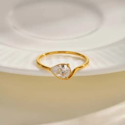 Minimalist Water Drop White Zircon Women Ring, Wave Drop Stainless Steel Ring, 18K Gold Plated Waterproof Luxury Jewelry