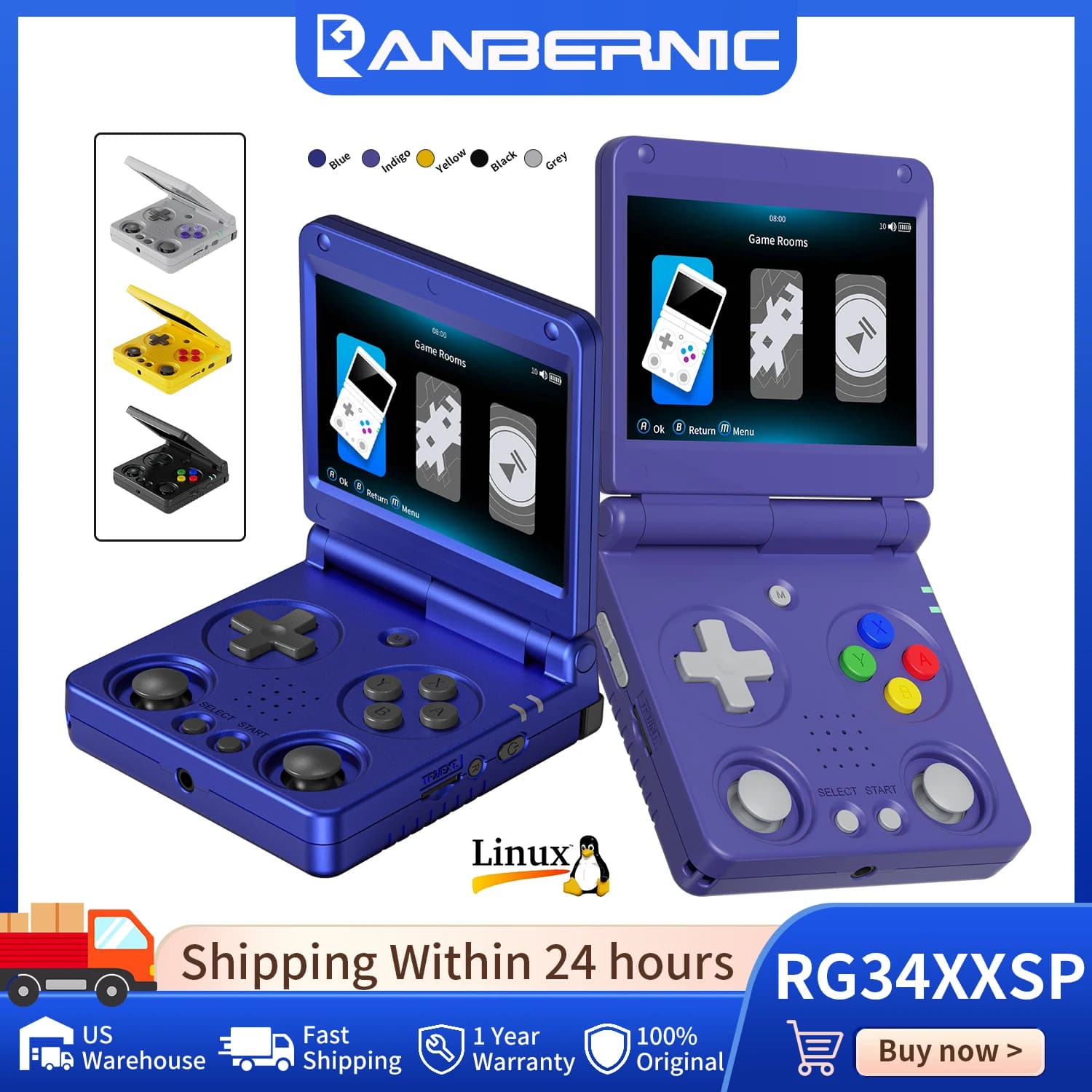 Anbernic RG34XXSP Flip Retro Handheld Game Console 3.4'' IPS  720*480 Screen Linux 64-bit 3300mAh Portable Games Player Supports Wifi Bluetooth HDMI connection to TV Streaming RG 34XXSP