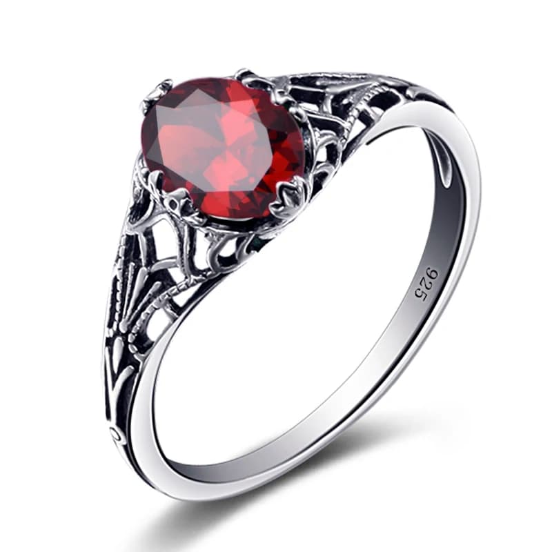 Original Female Ring 100% 925 Sterling Silver Oval Red Garnet Color Rings for Women Art Deco Revival Vintage Jewelry Wholesale
