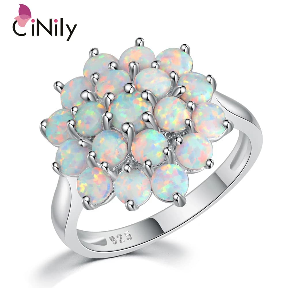 CiNily Luxury White Round Fire Opal Ring 925 Sterling Silver Flower Bloom Plant Big Ring Wedding Party Fashion Jewelry for Women