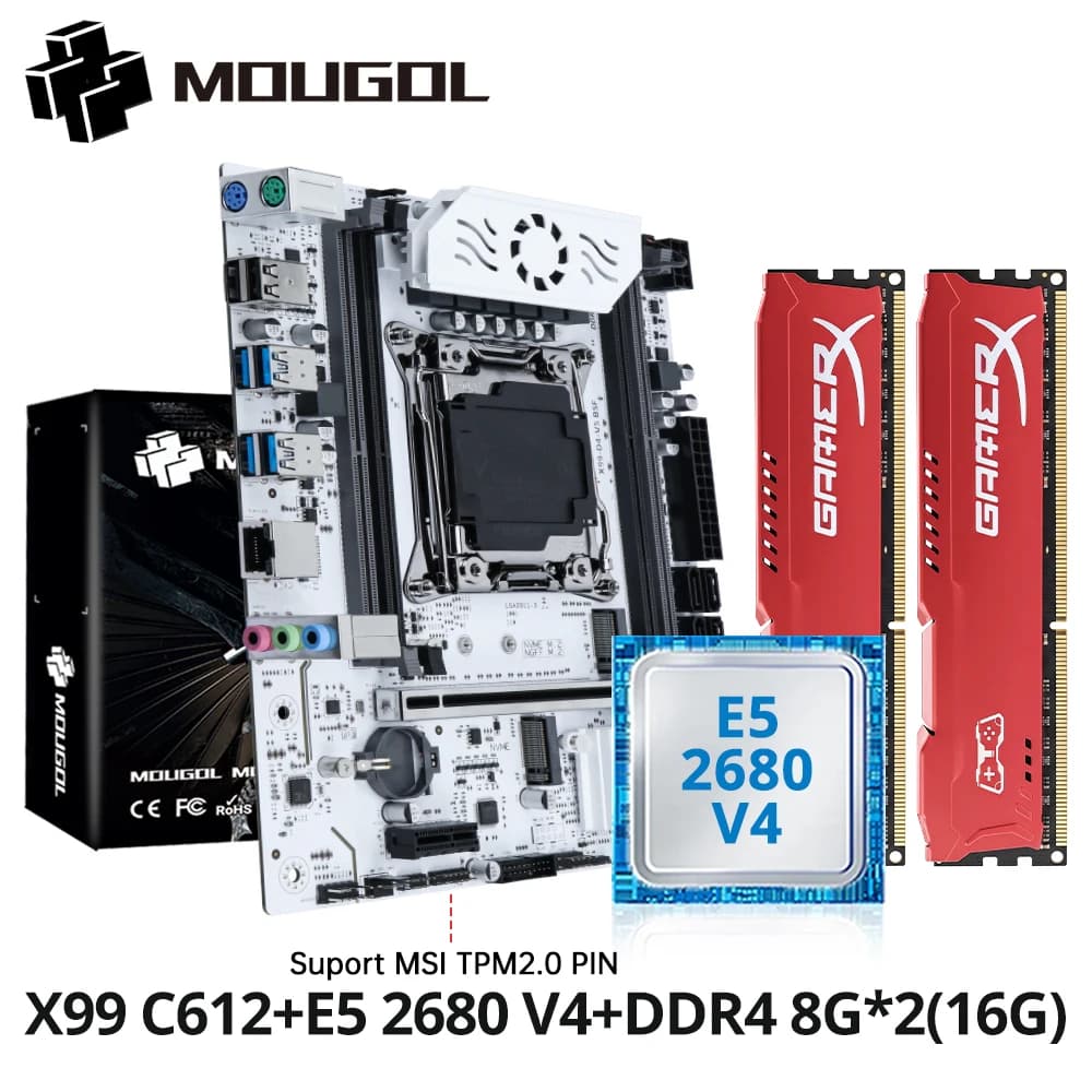 MOUGOL X99 Motherboard Kit C612 Chip with E5 2680 V4 CPU & DDR4 16G (2*8G) 2133MHz Memory NVME PCIE3.0 SATA3.0 for Desktop Host