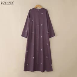 ZANZEA Muslim Modest Bow Printing Maxi Dress Women's O-Neck Lace Trim Long Sleeve Loose Abaya Islamic Hijabi Ramadan Robes Femme