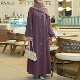 ZANZEA Muslim Modest Bow Printing Maxi Dress Women's O-Neck Lace Trim Long Sleeve Loose Abaya Islamic Hijabi Ramadan Robes Femme