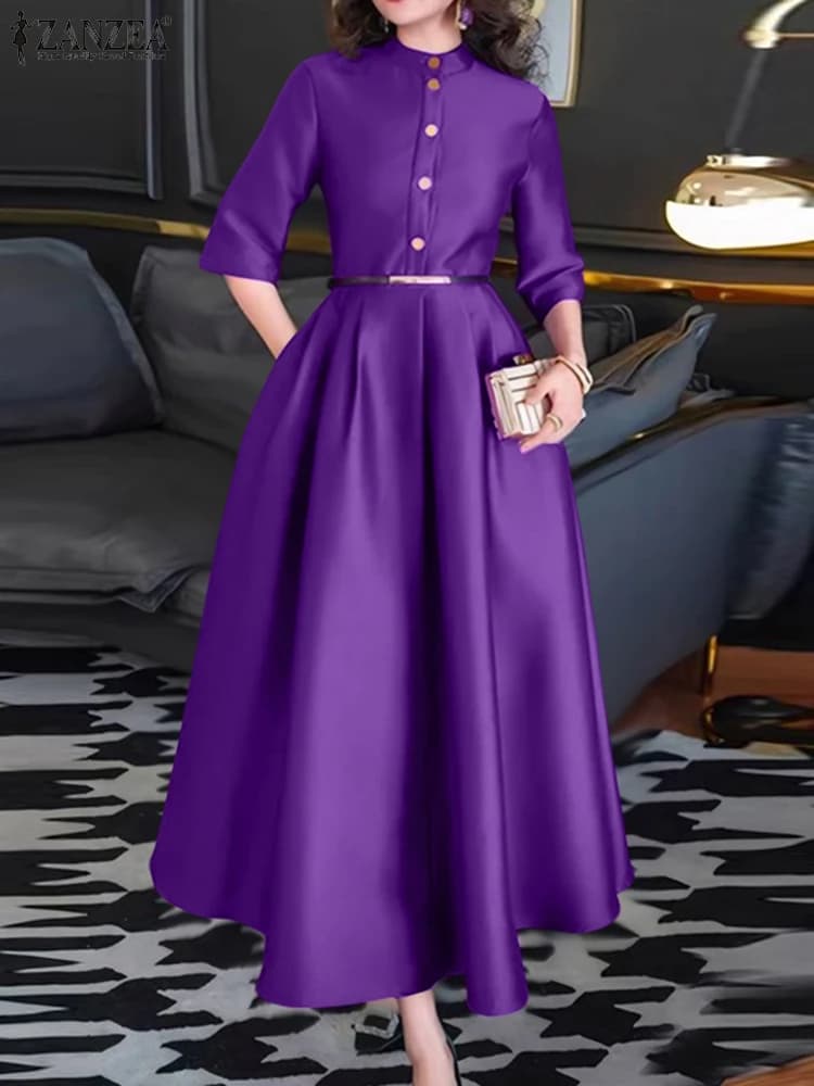ZANZEA Elegant Women Party Maxi Dresses 2025 Autumn Fashion Stand Collar 3/4 Sleeve Half-Button Fitted Waist A-Line Robes Femme