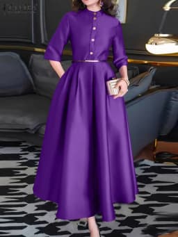 ZANZEA Elegant Women Party Maxi Dresses 2025 Autumn Fashion Stand Collar 3/4 Sleeve Half-Button Fitted Waist A-Line Robes Femme