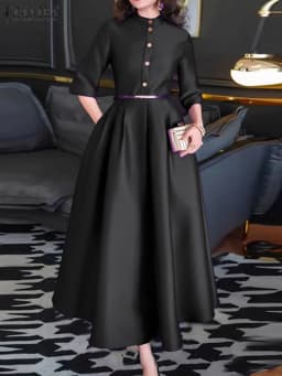 ZANZEA Elegant Women Party Maxi Dresses 2025 Autumn Fashion Stand Collar 3/4 Sleeve Half-Button Fitted Waist A-Line Robes Femme