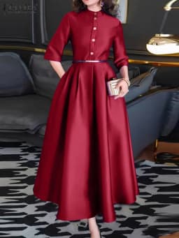 ZANZEA Elegant Women Party Maxi Dresses 2025 Autumn Fashion Stand Collar 3/4 Sleeve Half-Button Fitted Waist A-Line Robes Femme