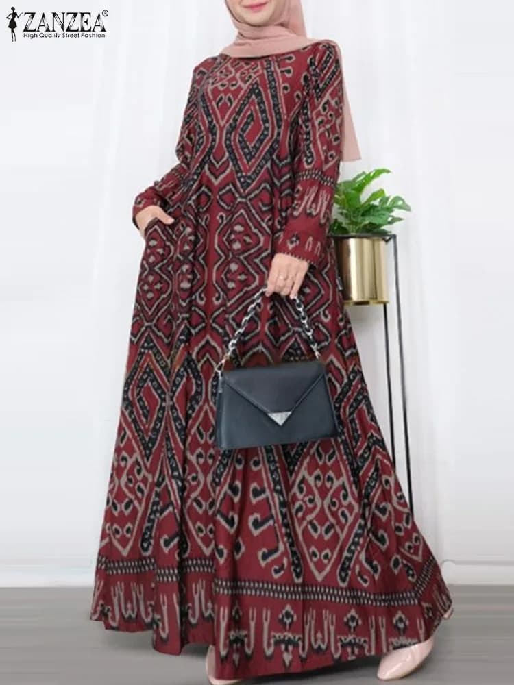 ZANZEA Women Vintage Floral Printed Sundress Spring Long Sleeve Muslim Abaya Maxi Long Dress Turkey Hijab Vestido Robe Femme