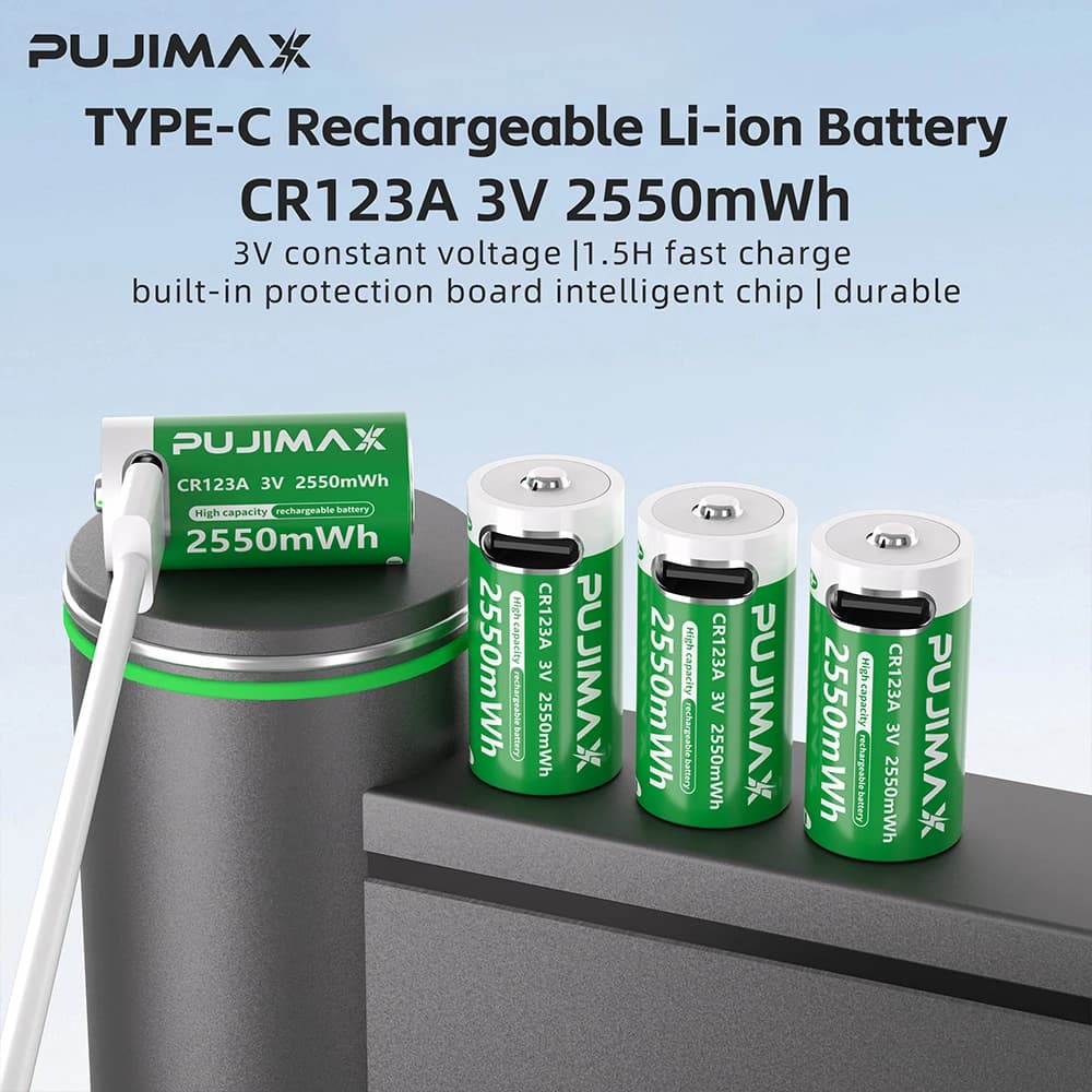 PUJIMAX CR123A Batteries With USB-C Fast Charging Cable-High Capacity 2550mWh Li-ion Polymer Cells For Flashlights Cameras