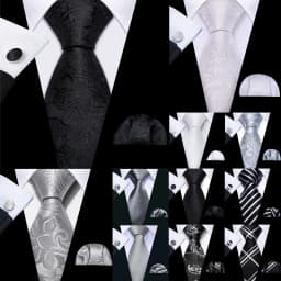 Barry.Wang Black White Gray Silver Men Tie Handkerchief Cufflinks Set Jacquard Necktie for Male Wedding Business Party Gift