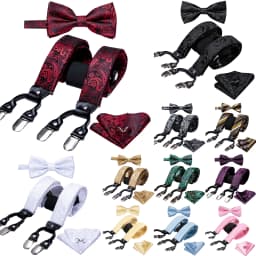 Burgundy Black White  Mens Suspender Adjustable 6 Clips Jacquard Braces Bowtie Hanky Cufflinks Set Silver Gold