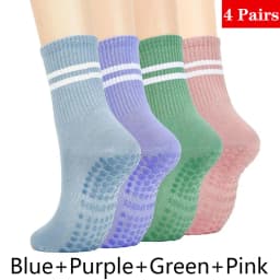 4 Pairs Women Anti-skid Yoga Socks Grips Cotton Mid-tube Bottom Breathable Fitness Dance Barre Workout Pilates Socks Striped Gym