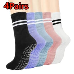 4 Pairs Women Anti-skid Yoga Socks Grips Cotton Mid-tube Bottom Breathable Fitness Dance Barre Workout Pilates Socks Striped Gym