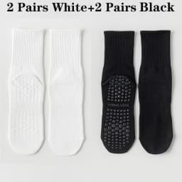 4 Pairs 100% Cotton Yoga Socks for Women Mid Calf Solid Color Non-Slip Pilates Sock Winter Fitness Gym Floor Silicone Grip Socks
