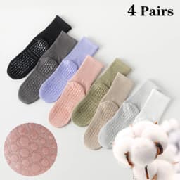 4 Pairs 100% Cotton Yoga Socks for Women Mid Calf Solid Color Non-Slip Pilates Sock Winter Fitness Gym Floor Silicone Grip Socks