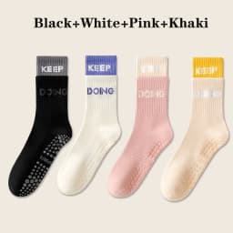 4 Pairs 100% Cotton Yoga Socks for Women Mid Calf Solid Color Non-Slip Pilates Sock Winter Fitness Gym Floor Silicone Grip Socks